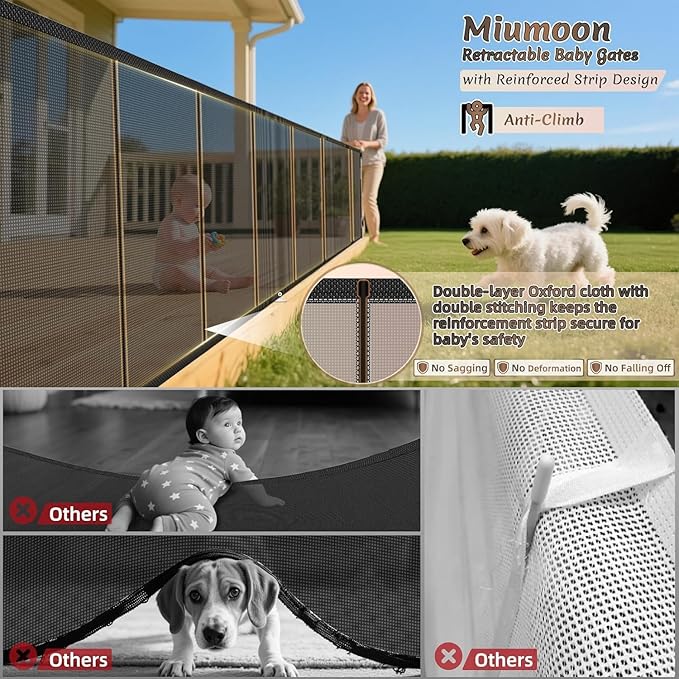 100 inch Retractable Baby Gates 34 inch Tall, Retractable Gate with Reinforced Strip Design to Prevent Crawling Through, 8 FT Extra Wide Retractable Dog Gate for Indoor/Outdoor