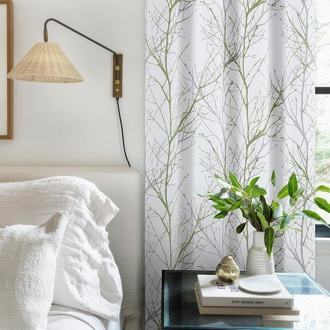 FMFUNCTEX 100% Blackout Curtains 84 Inches Long for Bedroom, Green and White Branch Tree Print Curtains for Bedroom,Thermal Insulated Curtain Drapes for Living Room, Grommet Top 2 Panels