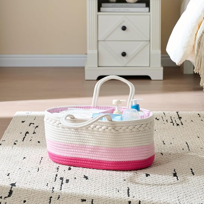 luxury little Diaper Caddy Organizer, Large Cotton Rope Nursery Baby Basket, Changing Table Organizer for Baby Diaper Storage, Portable Car Organizer Removable Divider (Pink, Large)