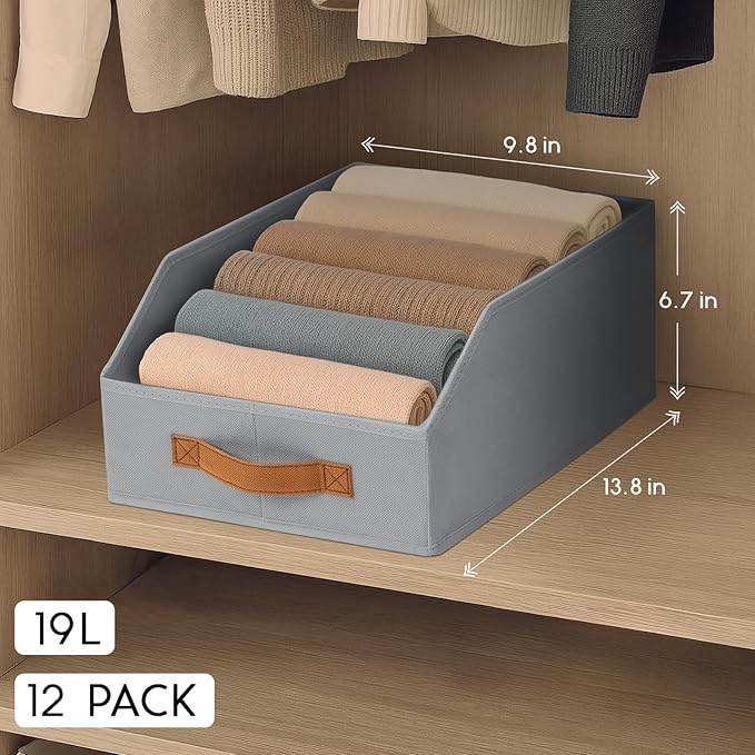 Fabric Storage Bins for Organizing - 12 Pack Large Trapezoid Collapsible Storage Bins with Front Handle, Closet Organizers and Storage for Bedroom, Home Shelves, Small Spaces, Grey