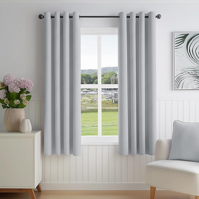 FMFUNCTEX 100% Blackout Curtains for Bedroom, Light Grey Curtains 54 Inches Long Textured Thermal Insulated Curtains for Living Room Drapes, Black Out Drapery Grommet Room Darkening 2 Panels