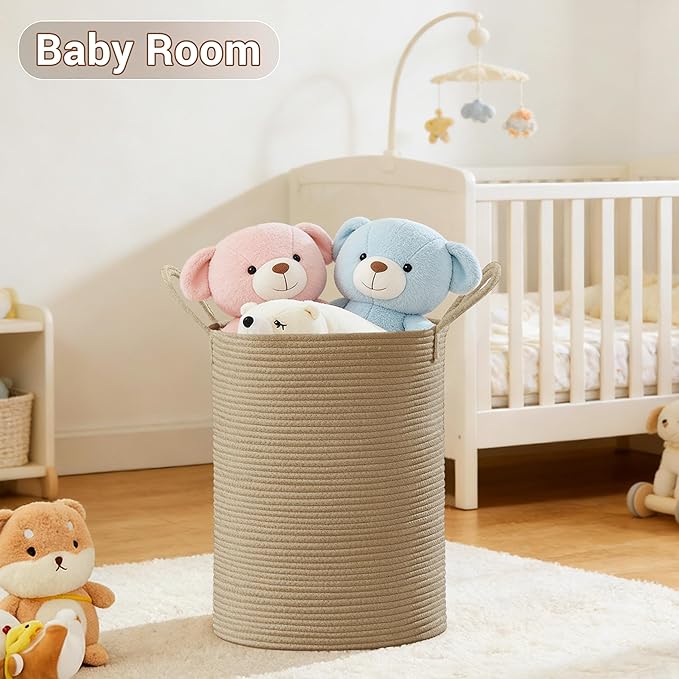 Tall Laundry Basket with Handles, 58L Portable Dirty Clothes Hamper, Boho Cotton Rope Storage Bin for Blankets Kids Toys Gifts, Decorative Organizer for Baby Nursery Bedroom Bathroom, Jute