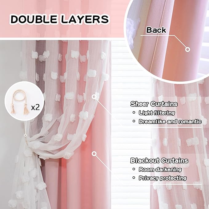 MYSKY HOME Light Blocking Pink Curtains for Living Room White Sheer Pom Pom Kids Room Decor Drapes 102 Inches Long Double Layer Curtain for Sliding Door Grommet Window Panels Set of 2 52" x 102"