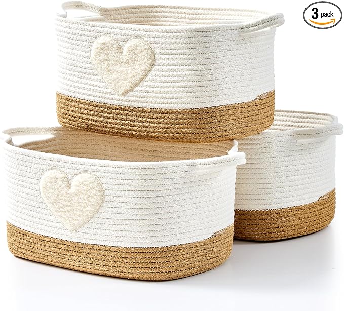 Storage Bins Woven Baskets for Storage Set of 3, Cotton Rope Basket with Handles for Toys/Shelves/Laundry, Rectangle Multi-Purpose Organizer for Living Room, Bedroom, Nursery (Heart)