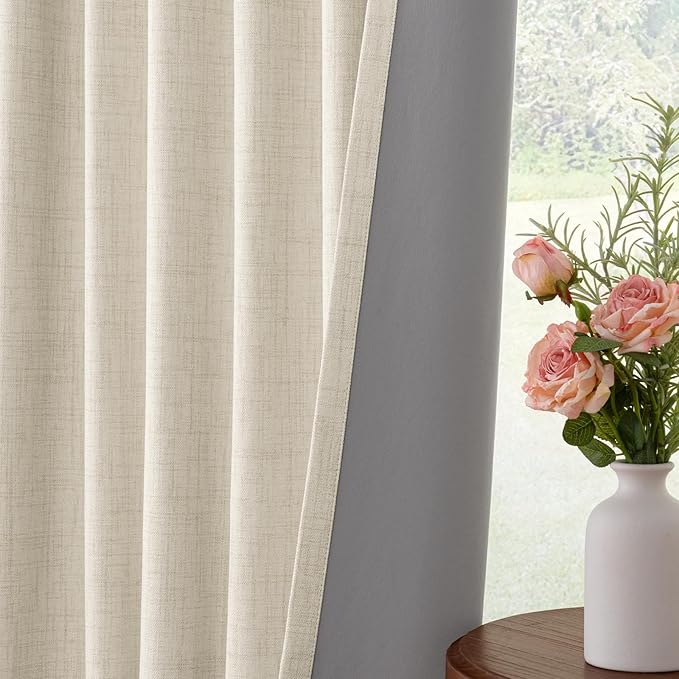 INOVADAY 100% Blackout Curtains for Bedroom, Black Out Curtains 108 Inch Long, Clip Rings Linen Blackout Drapes, Thermal Insulated Room Darkening for Living Room, 2 Panels - Cream,W50xL108