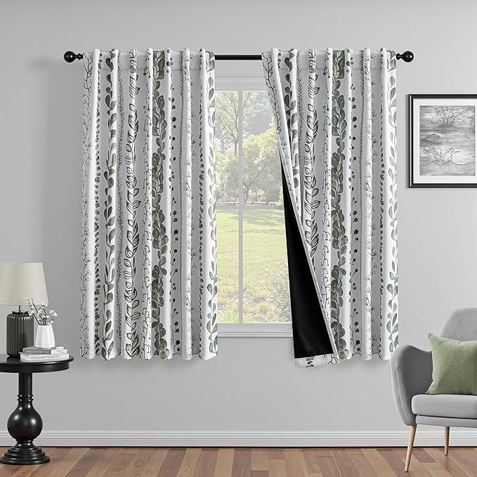 MEETSKY Sage Green Blackout Curtains 63 Inches Long 2 Panels Boho Curtains for Living Room Thermal Insulated Privacy Protection Rod Pocket Drapes for Bedroom, Leaf Print Window Treatment, 50" Wide