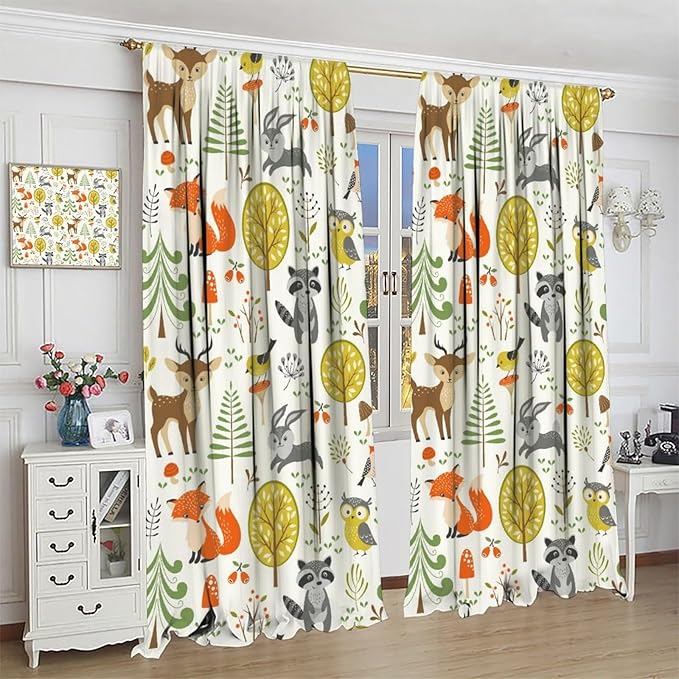 Kids Safari Animal Curtains Boy Girl Bedroom Decor Cartoon Woodland Bear Child Nursery Colorful Wildlife Jungle Forest Living Room Window Drapes Fabric 2 Panels 84W x 84L Inch