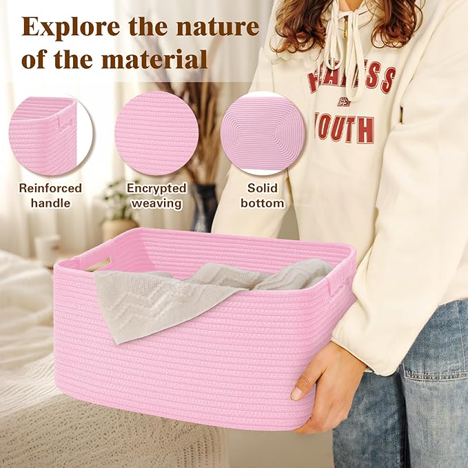 2 Pack Large Storage Basket for Organizing, 17.5"x13.5"x7.5" Woven Basket for Shelves, Closet Cube Storage Bins with Wrapped Handle, Cotton Rope Baskets for Kitchen, Clothes, Toys(Light Pink)