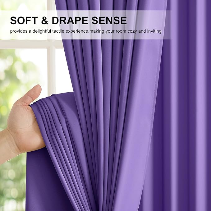 NICETOWN Lilac Purple 100% Blackout Curtains for Bedroom, 52x84 Inches Set of 2 for Living Room, Rod Pocket Back Tab & Noise Reducing Drapes Black Lined Insulated Window Treatment Panels