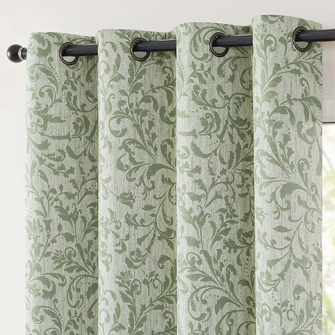 jinchan Blackout Curtains for Bedroom 84 Inches Long Green Scroll Floral Window Curtains for Living Room Farmhouse Vintage Drapes Thermal Insulated Grommet Window Treatments 2 Panels