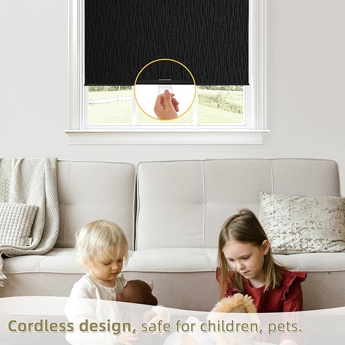 ChrisDowa Blackout Roller Shades for Windows, Striped Pattern Cordless Pull Down Door Blinds with Privacy, Thermal Insulated Window Shades for Living Room, Home and Office. Black, 21" W x 72" H