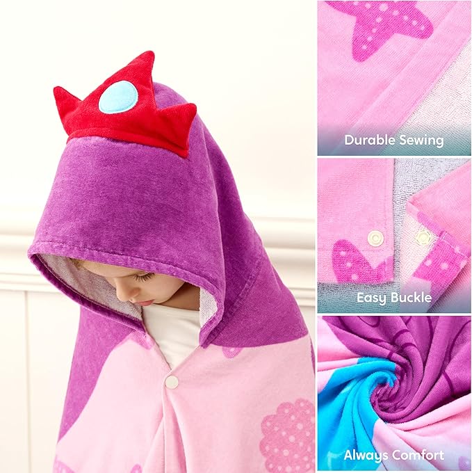 Joiedomi Mermaid Hooded Towel for Kids Soft 100% Cotton Bath Beach Towel 30" x 50" for Kids 3-10 Years Toddler Pool Poncho with Hood Absorbent Swim Wrap for Boys Girls