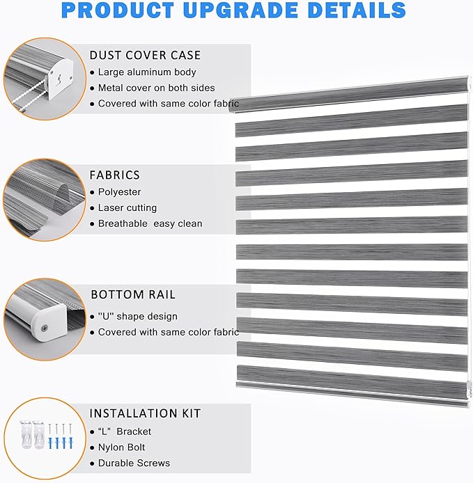 Window Blind Dual Layer Polyester Zebra Roller Light Filtering Sheer Shades Window Treatments Privacy Light Control for Day and Night(W35 x H72(Inch), Grey)