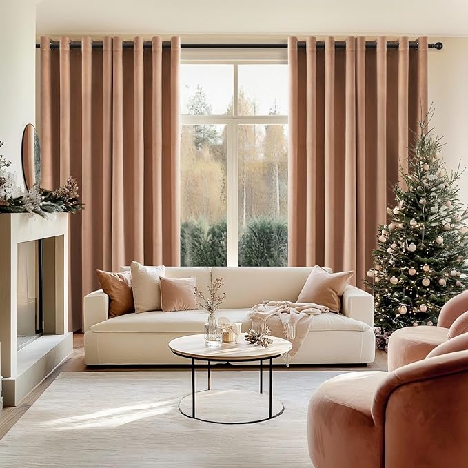 Topfinel Blush Beige Velvet Curtains Blackout Curtains 84 Inches Long,Room Darkening Thermal Insulated Soundproof Modern Nursery Grommet Crushed Velvet Drapes for Bedroom 2 Panels
