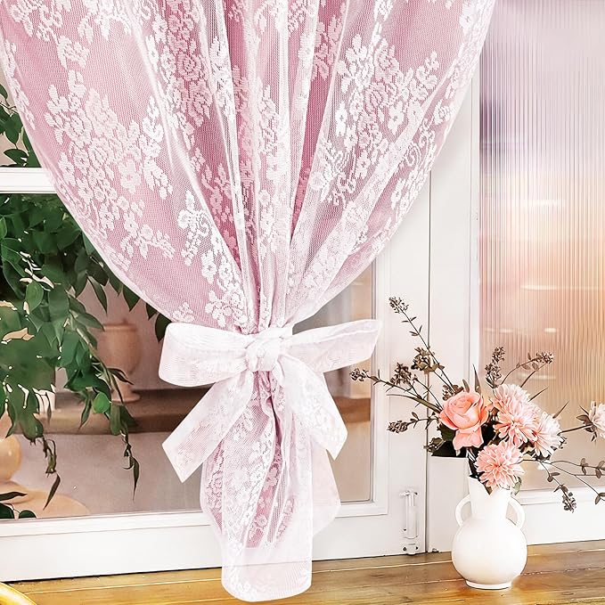 Yinhua Pink Kitchen Curtains 36 Inch Length Double Layer Blackout Cafe Curtains with Floral Sheer Overlay Rod Pocket Short Curtain for Windows, Small Window Curtain for Bathroom, Living Room, 2 Panels