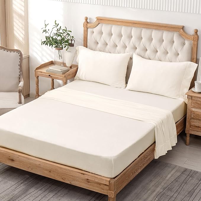 PURE ERA Jersey Knit 4pc Bed Sheet Set 100% T-Shirt Cotton Super Soft Comfy Breathable Fits Mattress Up to 20" Extra Deep Pocket (Solid Creamy White, King)