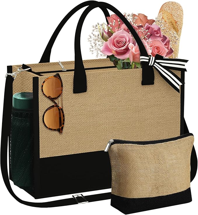 YOOLIFE Valentines Day Gifts for Her - Initial Jute Tote Bag & Makeup Bag, Birthday Gifts for Women Teacher Mom Wife Friend