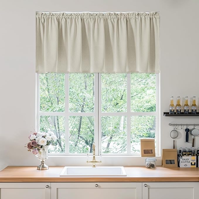FMFUNCTEX 100% Blackout Valance Curtains for Bedroom, Cream Textured Kitchen Window Curtains 18 Inch Length Thermal Insulated Curtains for Living Room, Rod Pocket Drapes Room Darkening 1 Panel