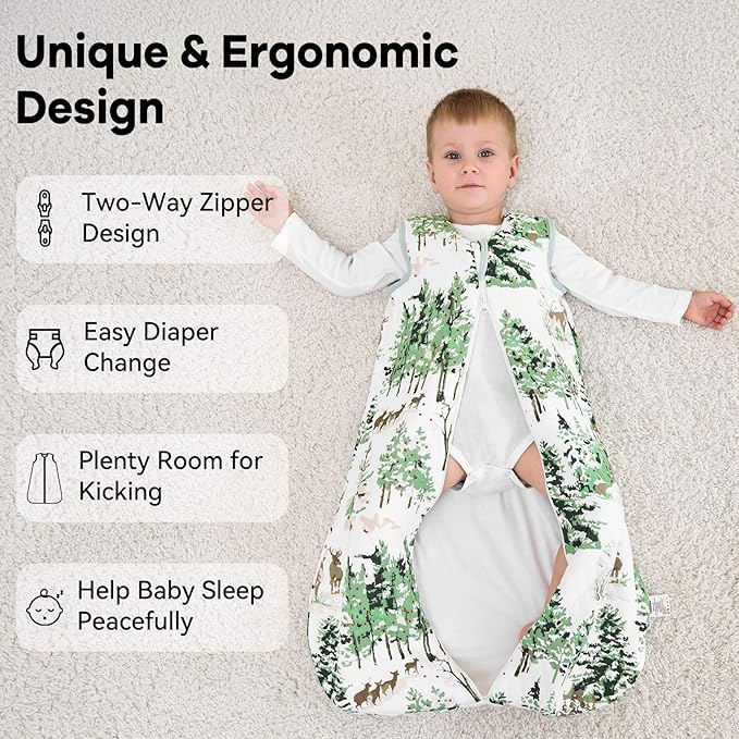 Unnivoll Baby Sleep Sack 12-18 Months 1.5 Tog Baby Wearable Blanket 100% Cotton Fabric Warm Sleeping sack with 2-Way Zipper Quilted for Toddler Infant Tog Green Pine