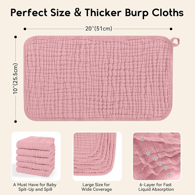 Unnivoll Muslin Burp Cloths for Baby 100% Cotton Burping Cloths for Boys Girls Large 20''X10'' Extra Soft and Absorbent 12 Pack - Bean Paste