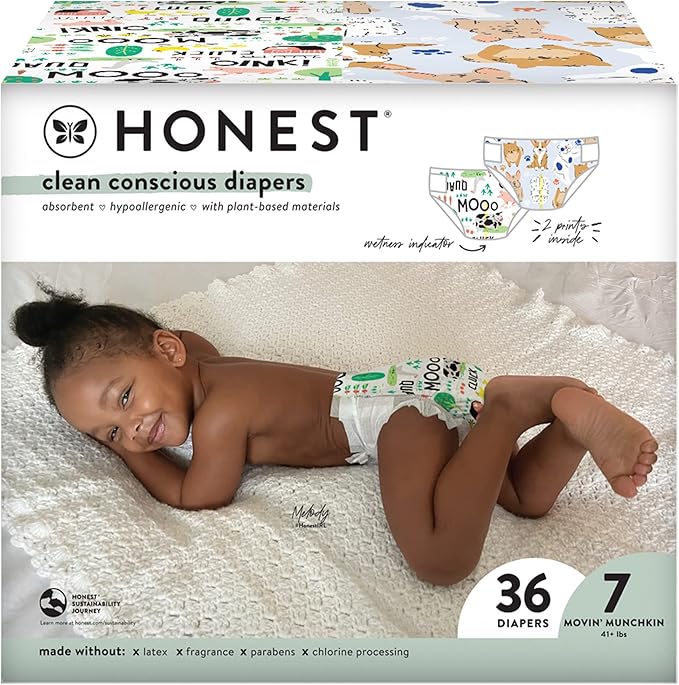 The Honest Company Comfort Dry Disposable Diapers Plant-Based Sustainable Barnyard Babies and It’s A Pawty Club Box Size 7 41and lbs 36 Count