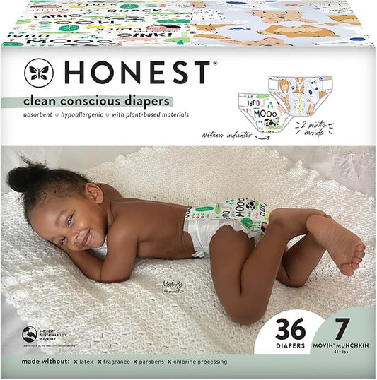 The Honest Company Comfort Dry Disposable Diapers Plant-Based Sustainable Barnyard Babies and It’s A Pawty Club Box Size 7 41and lbs 36 Count