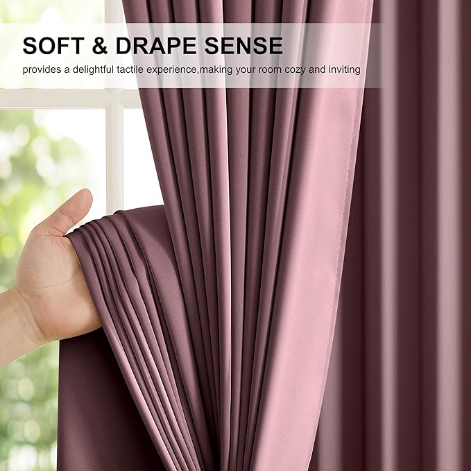 NICETOWN Dry Rose 2 Pieces 52x84 Inches Blackout Curtains, Thermal Insulated Energy Efficient Window Treatment Draperies for Living Room, Double Layer Full Light Blocking with Rod Pocket Back Tab