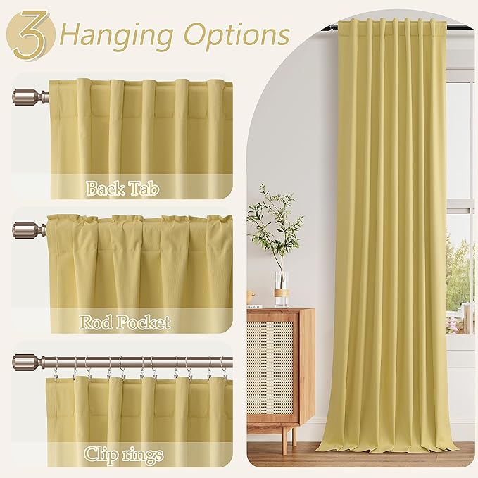 Guken Yellow 100% Blackout Curtains 63 Inch Length 2 Panels Set for Living Room Bedroom Back Tab Thermal Insulated Black Out Linen Drapes Room Darkening Window Curtains