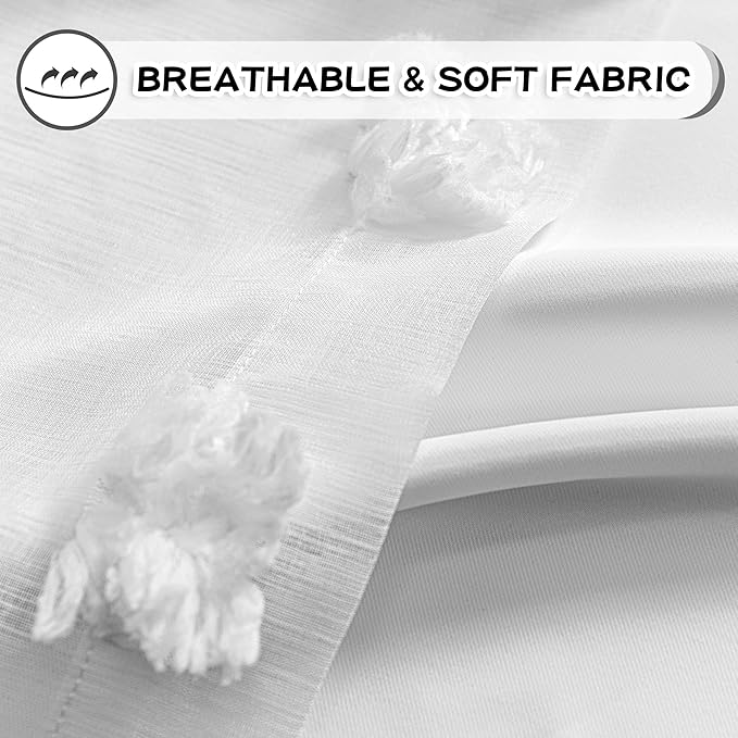 MYSKY HOME White Curtains for Bedroom 63 Inch Long Double Layer Curtains for Kids Room Kithen White Pom Pom Sheer Nursery Curtains Grommet Room Darkening Window Curtains 2 Panels Set, 52 x 63 Inch