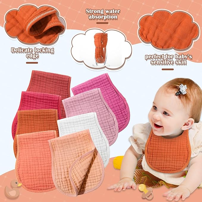 Frienda 8 Pack Muslin Burp Cloths for Baby Large 20 x 10 Inch Cotton Burp Rags for Spit up Drool Absorbent Soft Multicolor Wash Cloths Diapers for Newborn Girl Boy Essential Shower Gift(Sweet Color)