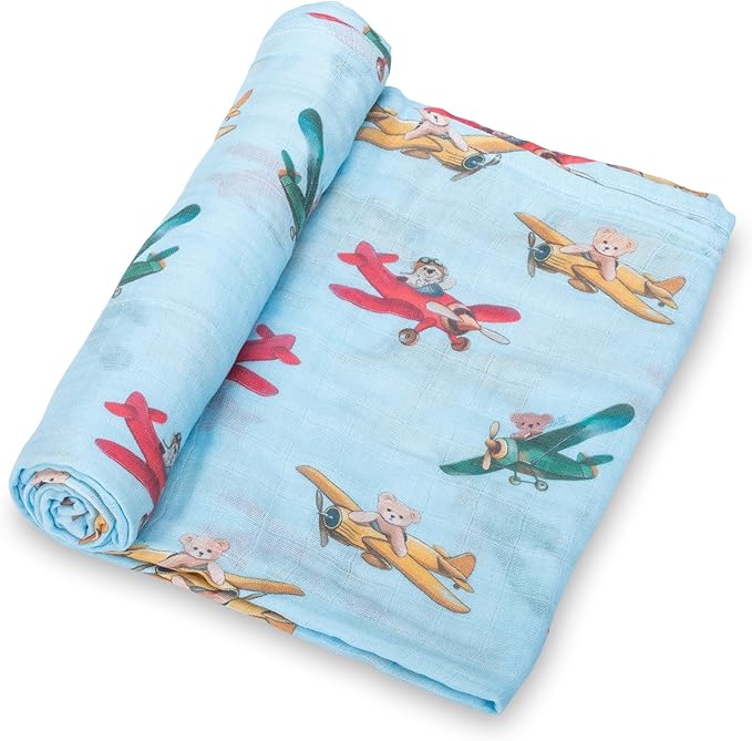 LollyBanks Muslin Swaddle Blankets, 100% Cotton Breathable Baby Blanket for Boys and Girls, Soft and Lightweight 47 x 47 Inches Newborn Swaddle Wrap, Baby Essentials Must Haves (Plane and Bear Print)