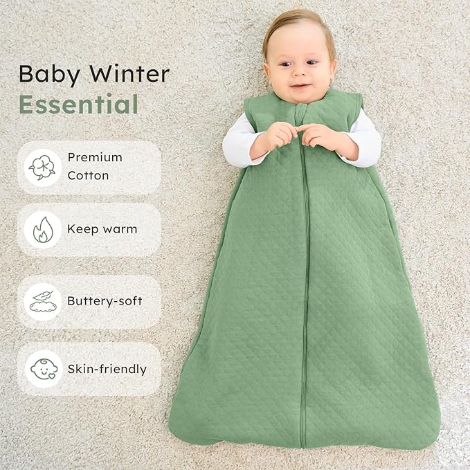 FIEMOL Baby Sleep Sack 6-12 Months 2.5 TOG, Winter Cotton Sleep Sacks Newborn and Infant, Warm Quilted Baby Wearable Blanket, Newborn Sleeping Bag with 2-Way Zipper Green 1 Pack