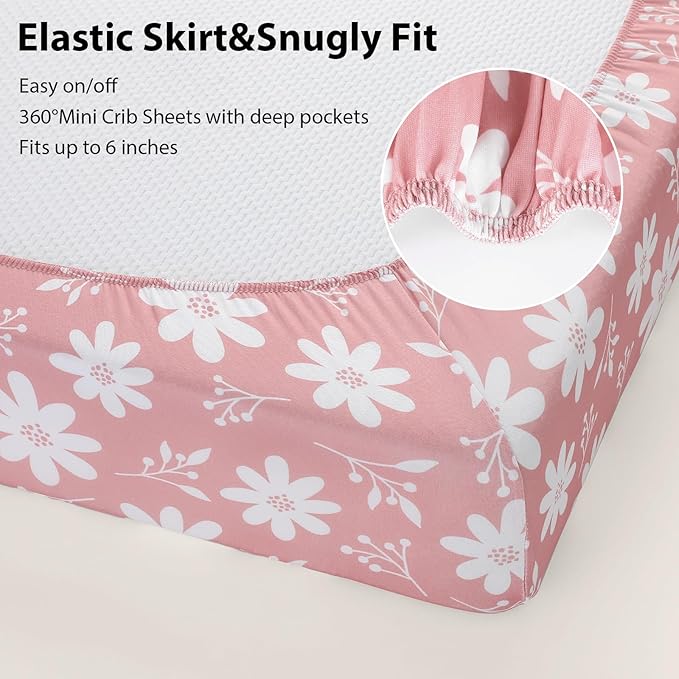 Baby Mini Crib Sheets Girl, Portable 38”x26” Pack and Play Sheets Fitted for Playard and Pack N Play Mattress, 3-Pack Soft Microfiber Pink Butterfly Flower