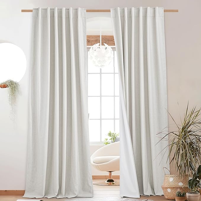 NICETOWN 100% Absolutely Blackout Linen Curtains with Thermal Insulated White Liner, Ivory, W52, 2 Pieces, Back Tab Noise Reducing Textured Linen Look Windows Curtains 90" Length for Classroom