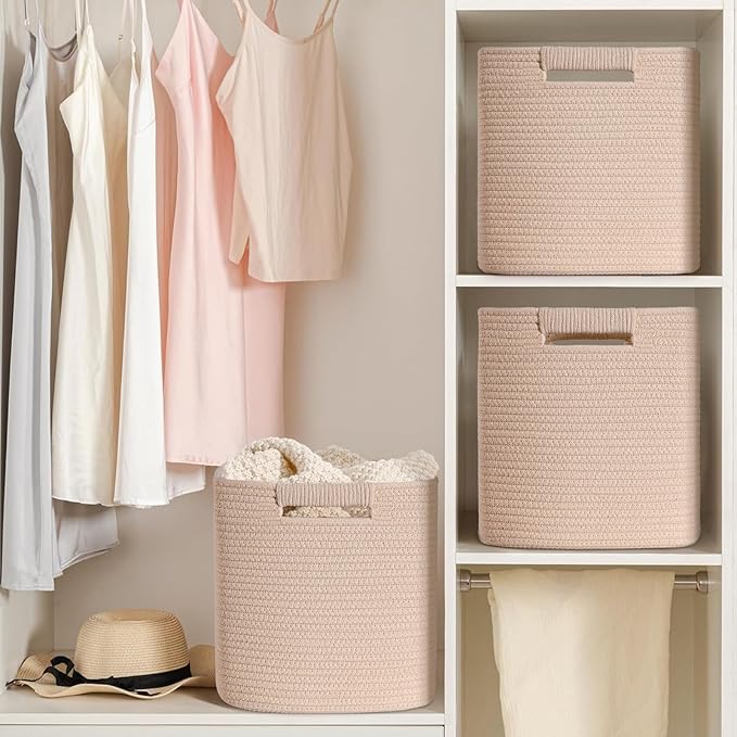 11 Inch Storage Cubes, 3 Pack Cube Storage Bins for Organizing, Cotton Rope Woven Baskets for Shelves, Bathroom, Kids Room, Closets, Baby Nursery