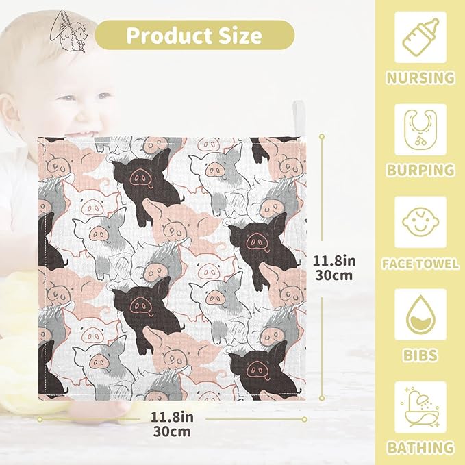 Baby Washcloths Cotton Ink Pigs Baby Muslin Washcloths Piglets Soft Baby Face Towel for Newborn Infants Baby Wipes, 11.8 X 11.8 Inch, 5 Pack