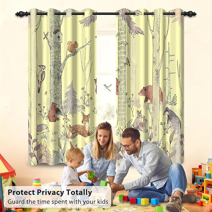 Kids Blackout Curtains for Nursery, Boy's Woodland Animal Print Curtains for Bedroom, Cartoon Room Darkening Window Drapes 2 Panels Set, Yellow, 52W x 63L