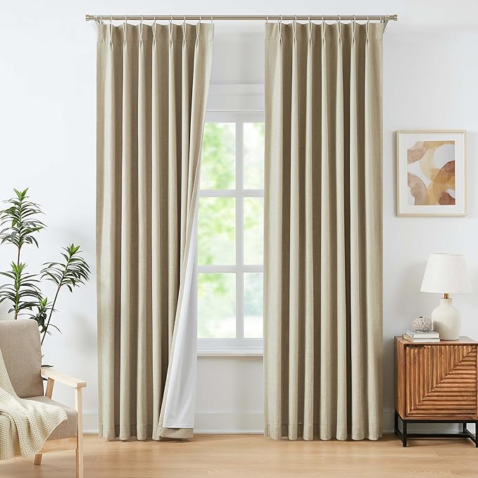 WEST LAKE 72 Inches Oatmeal Tan Full Blackout Curtains with Liners,Bailey Pinch Pleated Drapes with Back Tabs for Bedroom,Modern Textured Thermal Insulated Window Treatment for Living Room,40"Wx72"Lx2