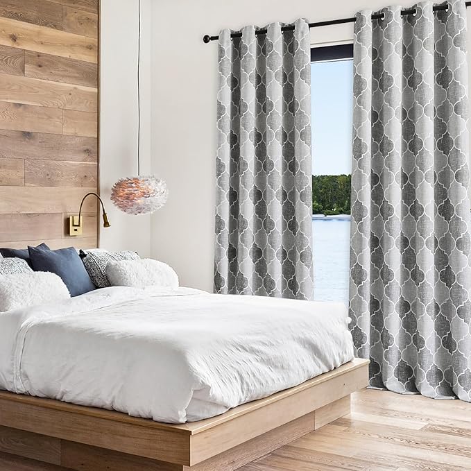 Geometric Curtains for Bedroom Gray Trellis Moroccan Pattern Drapes Full Blackout 90 Inch Length Room Darkening Thermal Insulated Noise Reducing Window Treatments Sets, 2 Panels