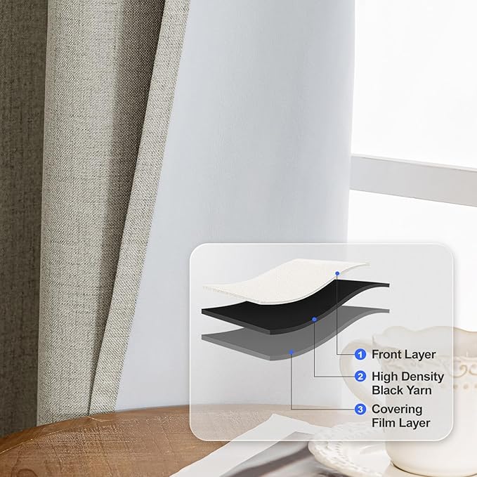 Linen 100% Blackout Curtains for Bedroom, Black Out Curtains 72 Inch Long, Room Darkening Curtains for Living Room, Long Curtain Grommets Drapes, Thermal Curtains(2 Panels, Natural)