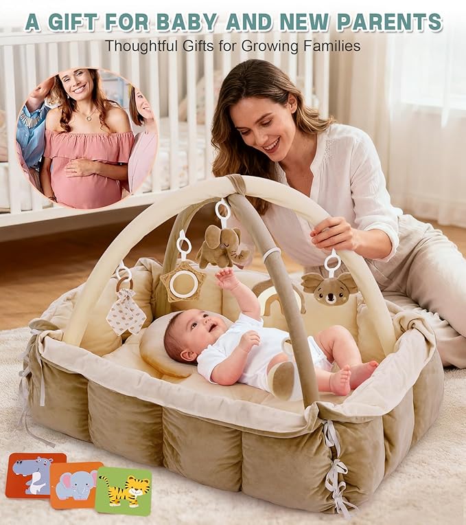 5-in-1 Baby Play Gym and Tummy Time Mat, Tummy Time Pillow & 12 Learning Cards, Plush Activity Mat with 6 Toys, Baby Gym, Convertible to Ball Pit, Baby Gift, Brown