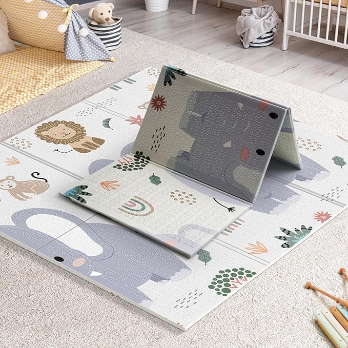 59x59 Foldable Foam Baby Play Mat for Floor, Babies Activity Tummy Time Playmat, Kids Non Toxic Foam Thick Play Mat for Baby, Toddlers, Waterproof & Anti-Slip Crawling Mats,Elephant,59x59x0.4