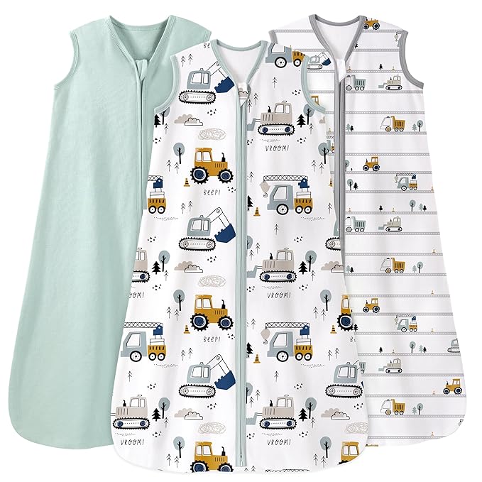 Unnivoll Baby Sleep Sack 6-12 Months 0.5 Tog Wearable Blanket Baby, 3 Pack 100% Cotton Lightweight Sleeping Sack with 2-Way Zipper for Newborn Infant Excavator