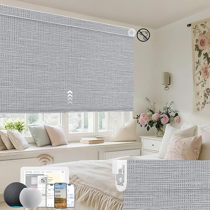 Kincmo No Drill Motorized Blinds with Remote, 100% Blackout Roller Shades for Windows, Custom Electric Blinds Compatible with Alexa, Apple Homekit, Google Home (100% Blackout Weave Grey)