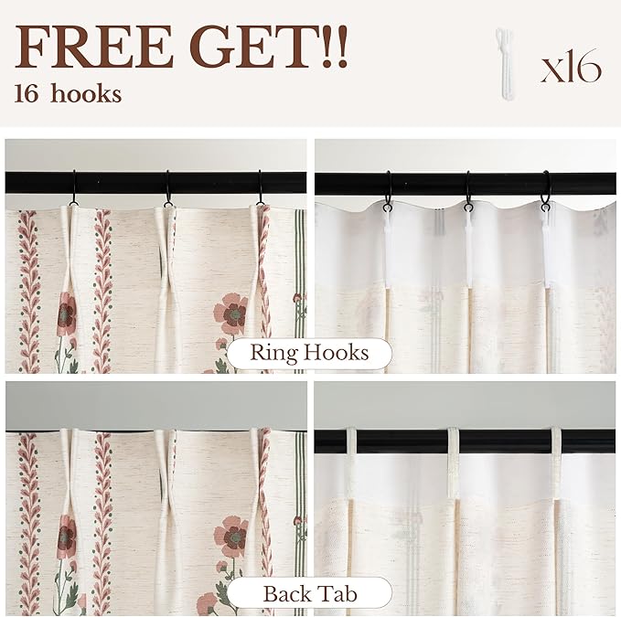 Pinch Pleated Nursery Curtains Luxury Pink Sheer Floral Curtains for Girls Room Bedroom Living Room - 108 Inch Length Modern Farmhouse Floral Printed Drapes with Hooks - 2 Panels Set