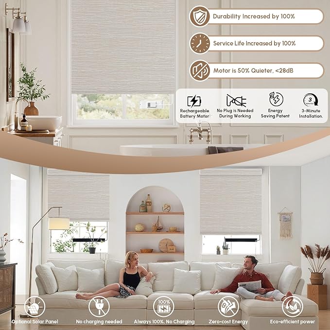 Kincmo No Drill Motorized Blinds with Remote, 100% Blackout Roller Shades for Windows, Custom Electric Blinds Compatible with Alexa, Apple Homekit, Google Home (100% Blackout Dreamy Beige)