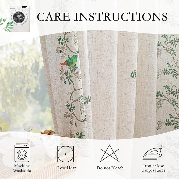 MYSKY HOME Boho Curtains for Living Room Linen Blend Leaf Bird Printed Curtains & Drapes 72 inches Length Farmhouse Room Decor Style Light Filtering Back Tab for Dining Room, Green, 50" x 72", Pack-2