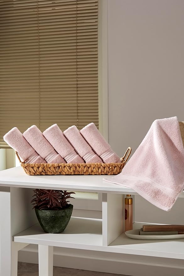 Ozdilek 6-Piece Washcloth Set 13x13 100% Turkish Cotton, 600 GSM, Soft, Gentle on Sensitive Skin, Multi-Purpose Use, Washable, Reusable, Ideal for Baby Care & Spa 6 Towels (Mauve Pink)
