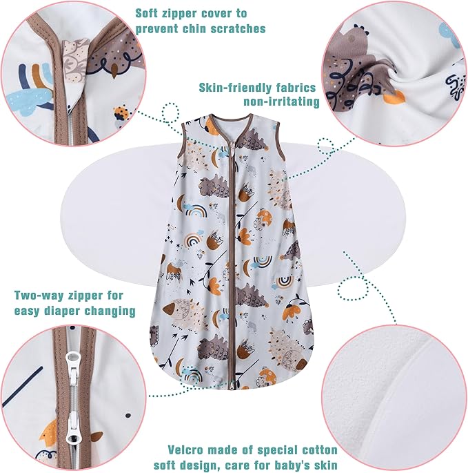 BSTOPPT Newborn Sleep Sack Baby Swaddle,3-Way Adjustable Wearable Blanket,100% Rayon Cotton Swaddling Sleeping Bag，TOG 0.5 (Fox & Dinosaurs, 0-3 Months)