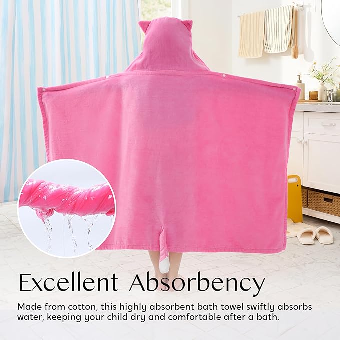 Joiedomi Hooded Towel for Kids Soft 100% Cotton Bath Beach Towel 30" x 50" for Kids 3-10 Years Toddler Pool Poncho with Hood Absorbent Swim Wrap for Boys Girls Pink Cat